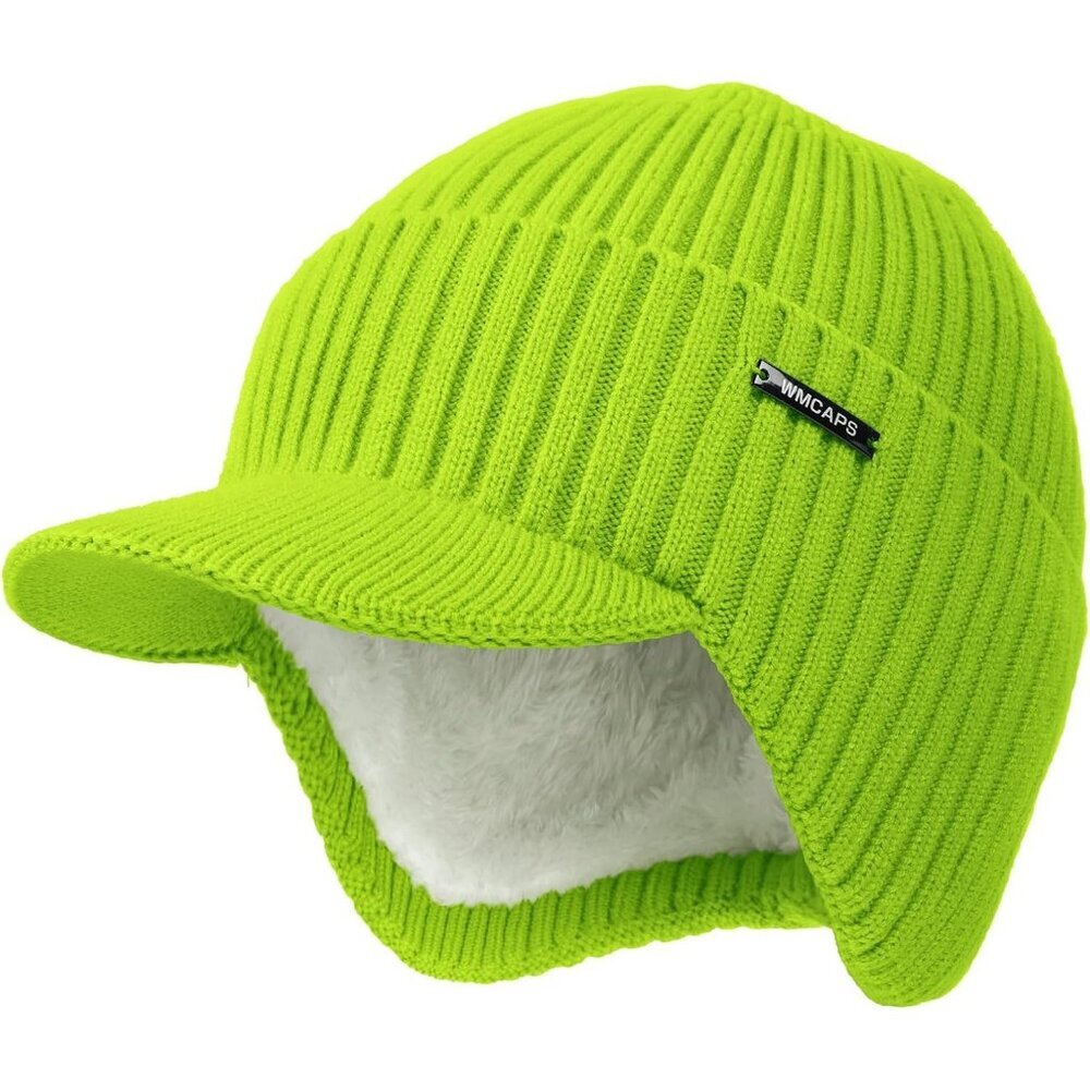 Men & Women Fluorescent Green Beanie With Brim And Ear Flaps Fleece-Lined Hat